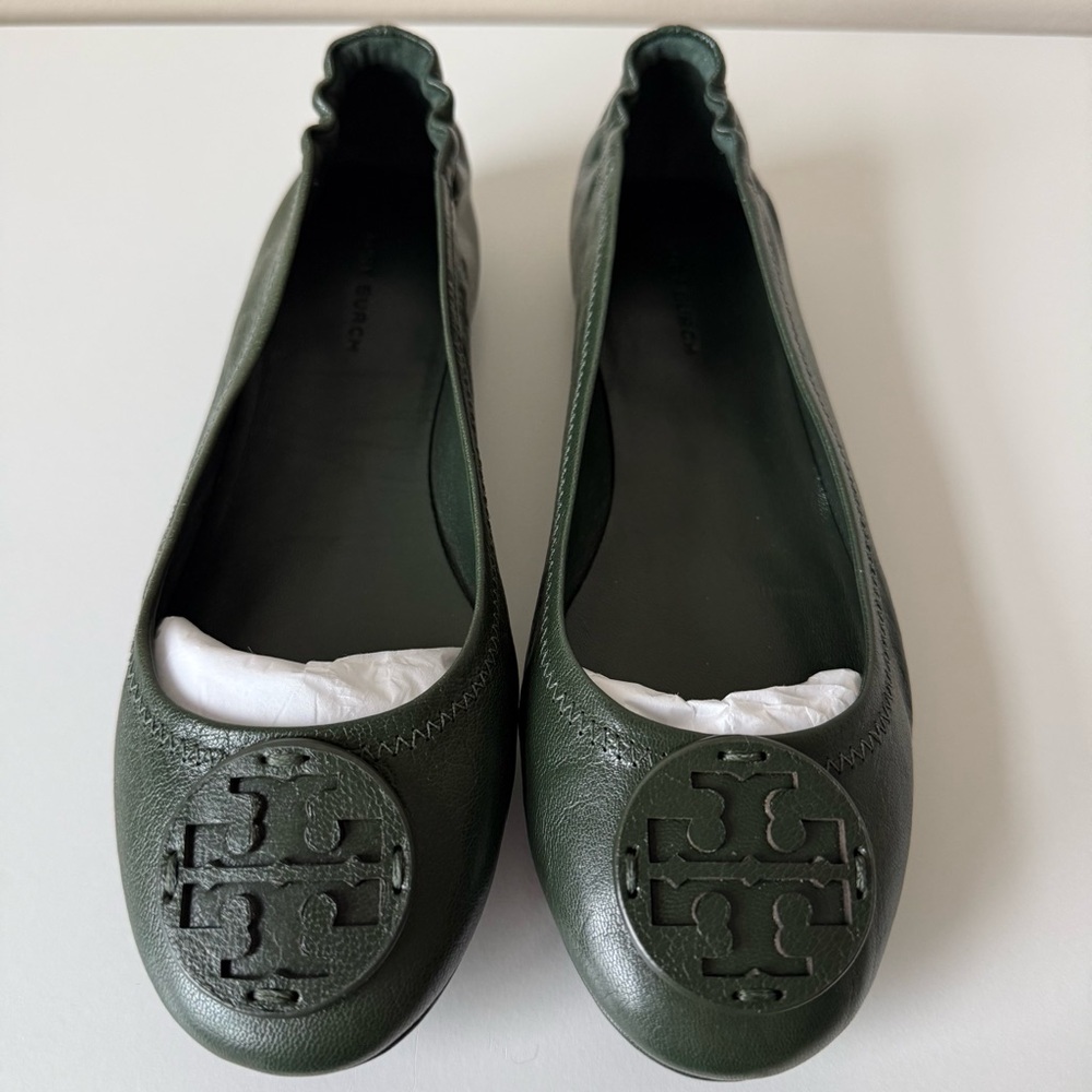 NIB Tory Burch Dark Green Minnie Leather Ballet Flats Size 7